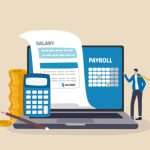 Salary payroll system, online income calculate and automatic payment, office accounting administrative or calendar pay date, employee wages concept, businessman standing with online payroll computer.